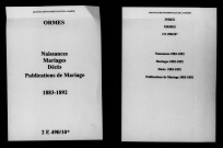 Ormes. Naissances, mariages, décès, publications de mariage 1883-1892