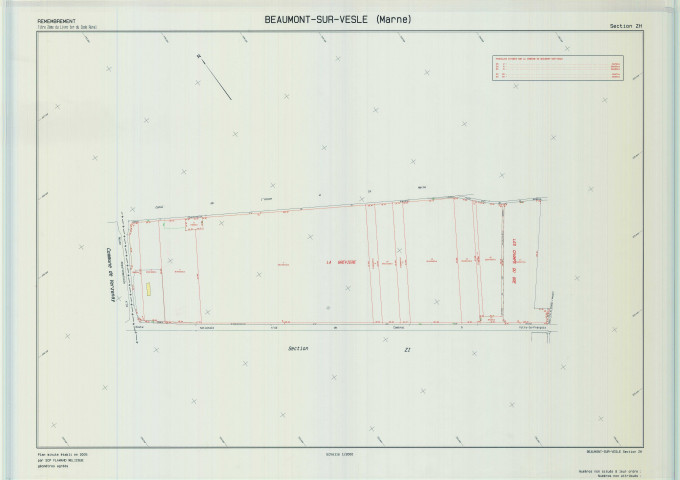 Beaumont-sur-Vesle (51044). Section ZH échelle 1/2000, plan remembré pour 2005, plan régulier de qualité P5 (calque).
