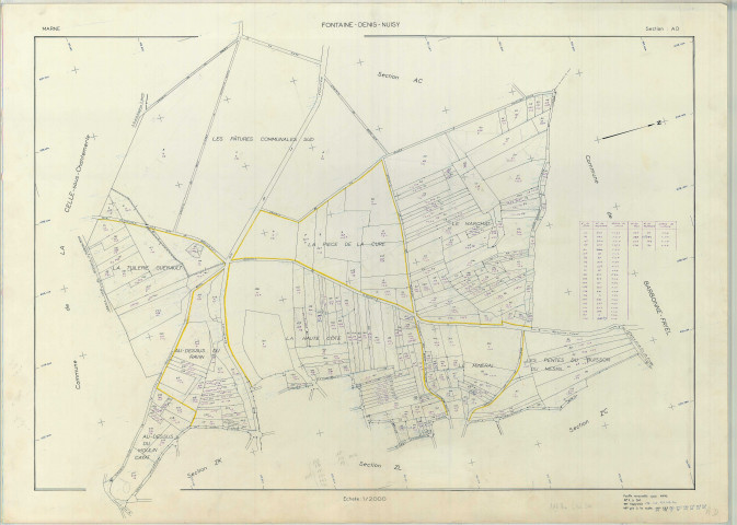 Fontaine-Denis-Nuisy (51254). Section AD échelle 1/2000, plan renouvelé pour 01/01/1975, régulier avant 20/03/1980 (papier armé)