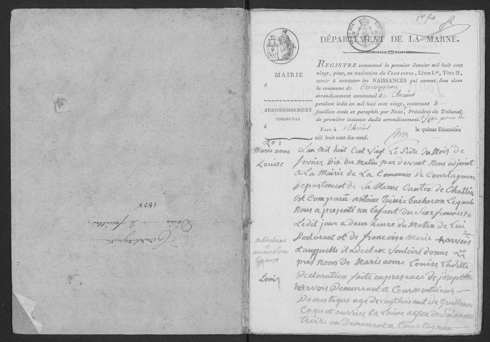 Courtagnon. Naissances, mariages, décès 1820-1822