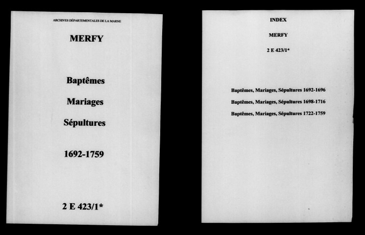 Merfy. Baptêmes, mariages, sépultures 1692-1759