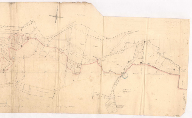 Abbaye de Trois-Fontaines. Plan d'arpentage de deux atterrissement prétendus formés sur le rivage de Sermaize par les révolutions et changement de cours de la rivière d'Ornain, 1782.