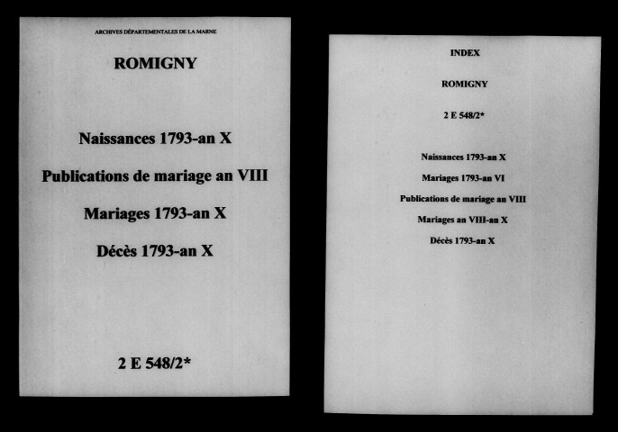 Romigny. Naissances, mariages, décès, publications de mariage 1793-an X
