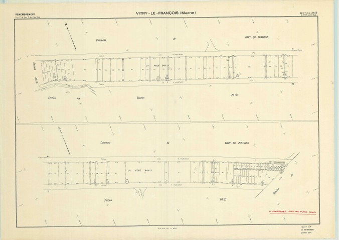 Vitry-le-François (51649). Section ZA 2 échelle 1/500, plan remembré pour 1974 (parcelles 16 à 155), plan régulier (papier)