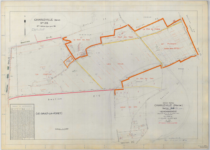 Charleville (51129). Section ZB ZL échelle 1/2000, plan remembré pour 01/01/1968, régulier avant 20/03/1980 (papier armé)