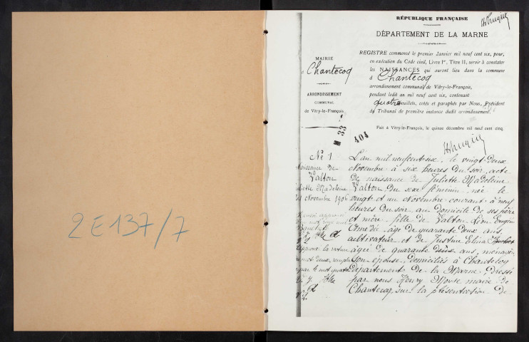 Chantecoq. Naissances, mariages, décès 1906-1919 (reconstitutions)