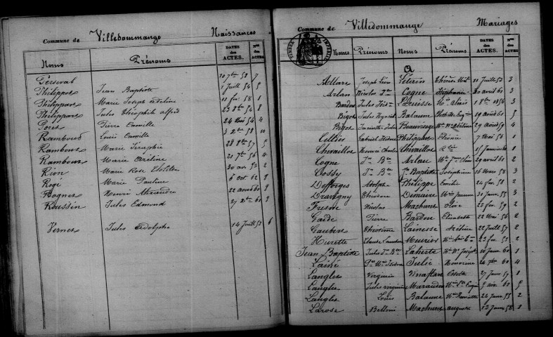 Ville-Dommange. Table décennale 1853-1862