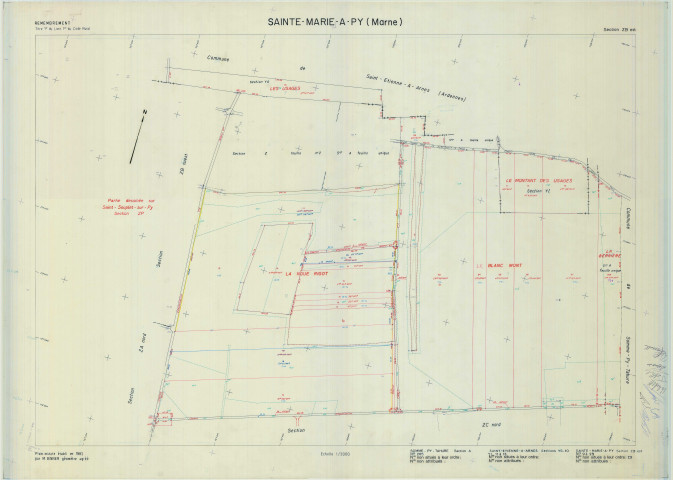 Sainte-Marie-à-Py (51501). Section ZB 1 échelle 1/2000, plan remembré pour 1982 (partie est, extension Sommepy-Tahure A et St Etienne à Arnes YA), plan régulier (calque)