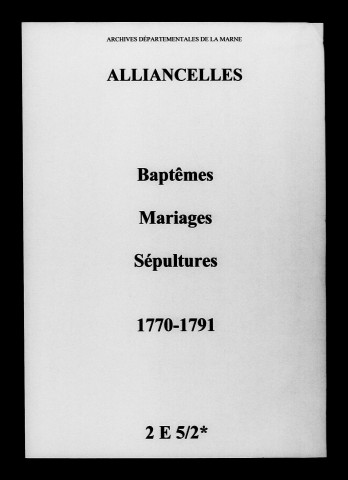 Alliancelles. Baptêmes, mariages, sépultures 1770-1791