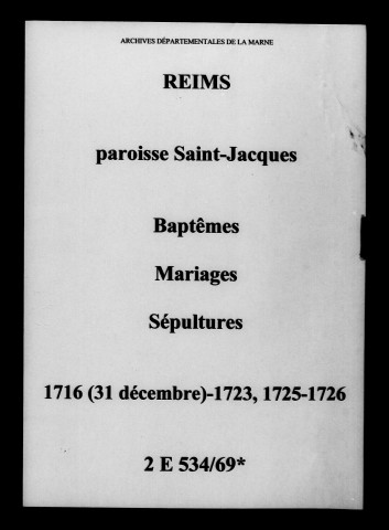 Reims. Saint-Jacques. Baptêmes, mariages, sépultures 1716-1726
