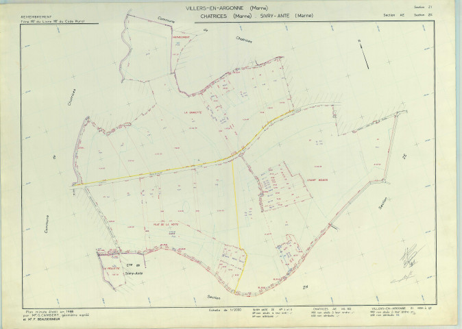 Villers-en-Argonne (51632). Section ZI échelle 1/2000, plan remembré pour 1988 (extension sur Châtrices section AE et sur Sivry-Ante section ZE), plan régulier (papier armé)
