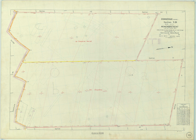 Sommesous (51545). Section YD échelle 1/2000, plan remembré pour 1968, plan régulier (papier armé)