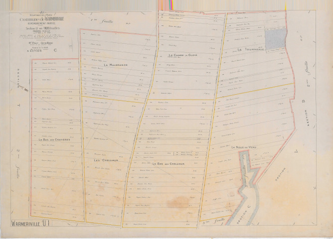 Warmeriville (51660). Section U1 échelle 1/1250, plan remembré pour 1923, plan régulier (papier).