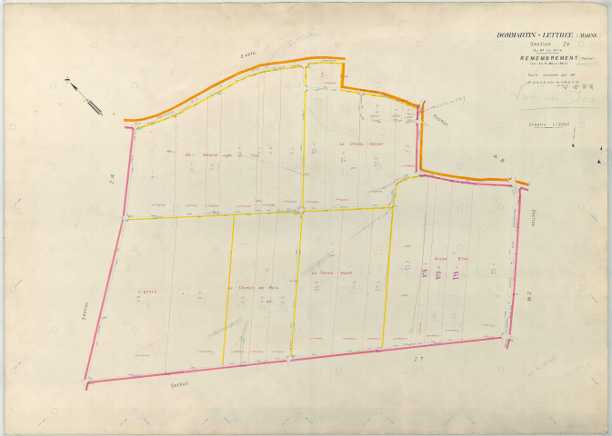 Dommartin-Lettrée (51212). Section ZV échelle 1/2000, plan remembré pour 1967, plan régulier (papier armé)