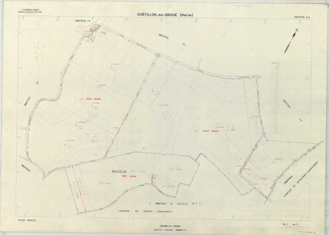 Châtillon-sur-Broué (51135). Section ZD échelle 1/2000, plan remembré pour 1981 (extension sur Droyes (Haute-Marne)), plan régulier (papier armé)