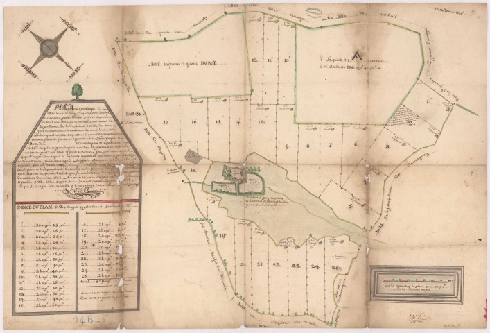 Plan arpentage et division du total des bois de Monrieul apartenant et dépendant de l'abbaye de Saint Nicaise de Reims, 1724.