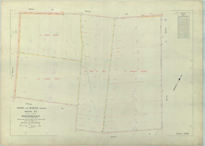 Tours-sur-Marne (51576). Section ZK échelle 1/2000, plan remembré pour 1962, plan régulier (papier armé).