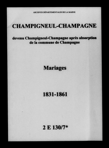 Champigneul. Champagne. Champigneul-Champagne. Mariages 1831-1861