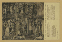 REIMS. 8. Basilique de Saint-Remi - Tapisserie - Vie de St Remi Saincts Pierre et Pol d'admirable façon Viennent des cieulx soubz terrestres courtines Et chacun dist une leçon. Puis Sainct Remy parachève matines. Voyant qu'ils sont remontez ès saincts cieulx Demande à Dieu la bénédiction Sainct Thierry, homme dévocieux Se musse et cache en contemplation. Puisque avés veu ce haut mistaire Je vous supplie de le taire. Sainct Remy faict devant plusieurs prélats Son testament ; perdue avit la veue Par patience il recouvre son las Et de santé sa personne est pourveue. La messe il dict, puis à ses clercs il donne Le corps de Dieu par une humble demande De cueur dévot à la mort, il se ordonne Et son esprit au seul Dieu recommande.
ReimsF. Rothier, phot-édit.Sans date