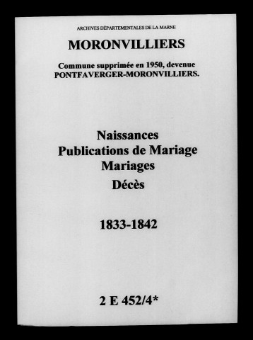 Moronvilliers. Naissances, publications de mariage, mariages, décès 1833-1842