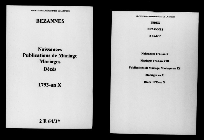 Bezannes. Naissances, publications de mariage, mariages, décès 1793-an X