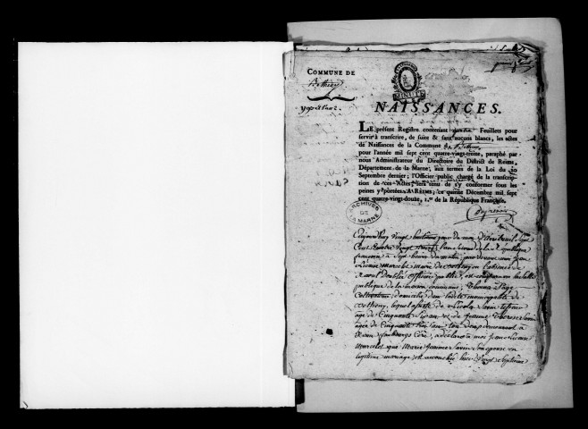 Bétheny. Naissances, mariages, décès 1793-an X