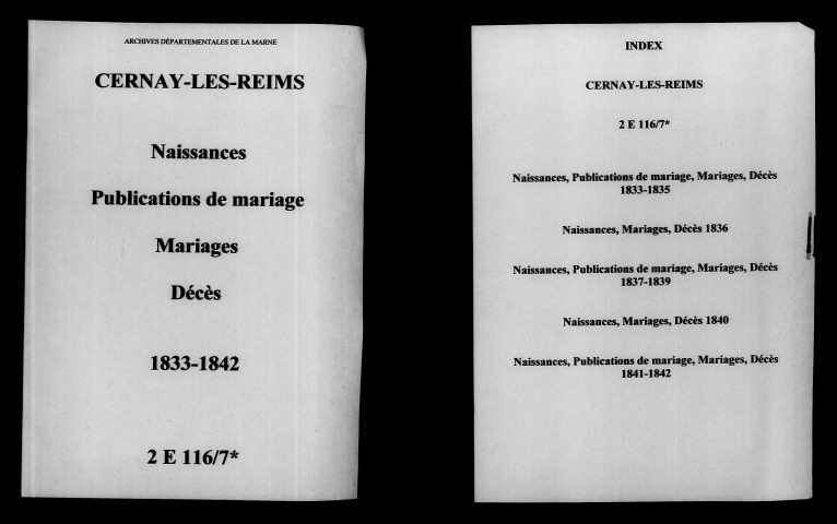 Cernay-lès-Reims. Naissances, publications de mariage, mariages, décès 1833-1842