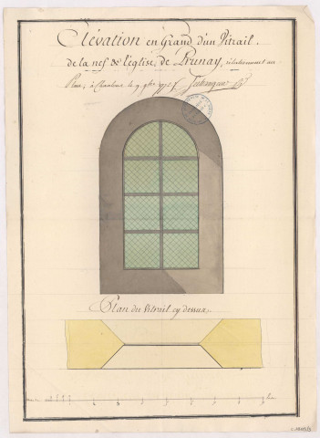 Elévation en grand d'un vitrail de la nef de l'église de Prunay, 1772.