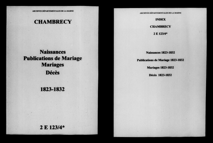 Chambrecy. Naissances, publications de mariage, mariages, décès 1823-1832