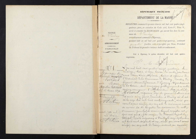 Vindey. Mariages 1893-1929