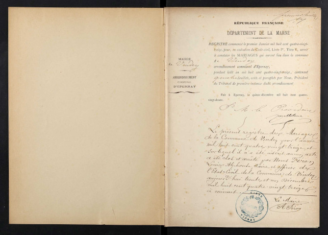 Vindey. Mariages 1893-1929