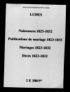 Ludes. Naissances, publications de mariage, mariages, décès 1823-1832