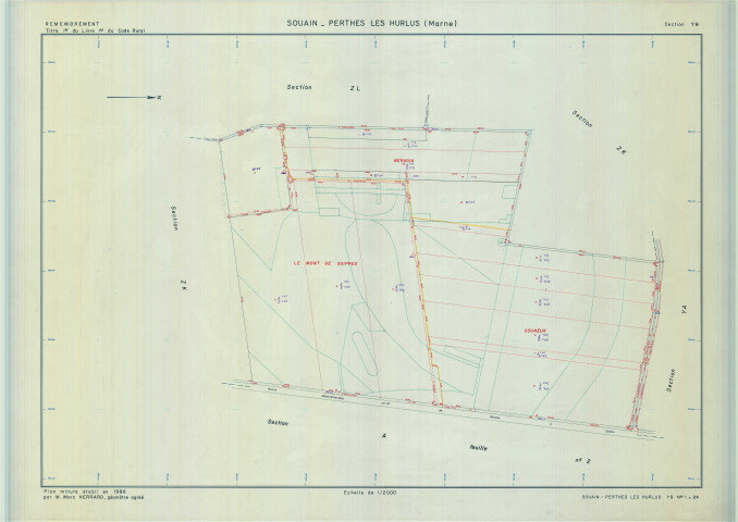 Souain-Perthes-lès-Hurlus (51553). Section YB échelle 1/2000, plan remembré pour 1986, plan régulier (calque)