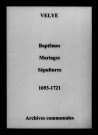 Vélye. Baptêmes, mariages, sépultures 1693-1721
