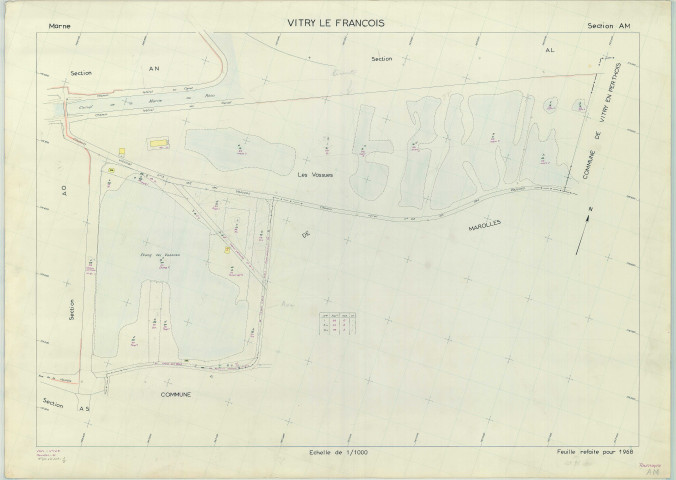 Vitry-le-François (51649). Section AM échelle 1/1000, plan renouvelé pour 1968, plan régulier (papier armé)