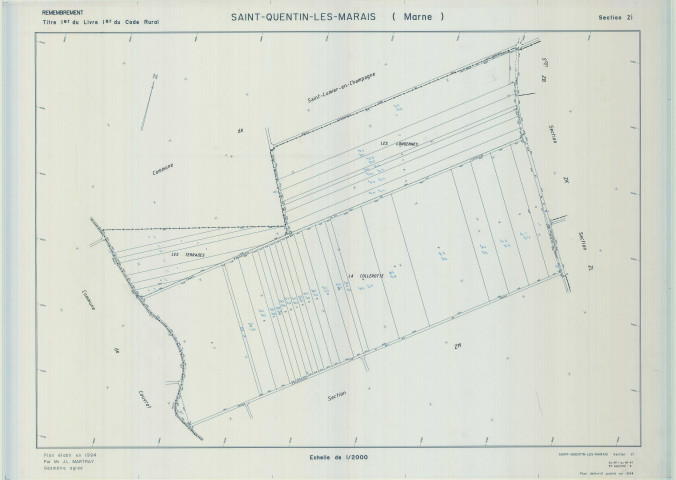 Saint-Quentin-les-Marais (51510). Section ZI échelle 1/2000, plan remembré pour 1994, plan régulier (calque)