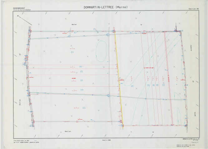 Dommartin-Lettrée (51212). Section YW échelle 1/2000, plan remembré pour 1991, plan régulier (calque)