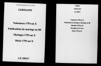 Germaine. Naissances, mariages, décès, publications de mariage 1793-an X