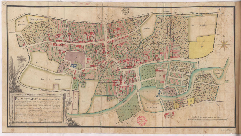 Plan détaillé des maisons, cours et jardins et autres héritages composans le village de Bazancourt (1783), Dominique Villain