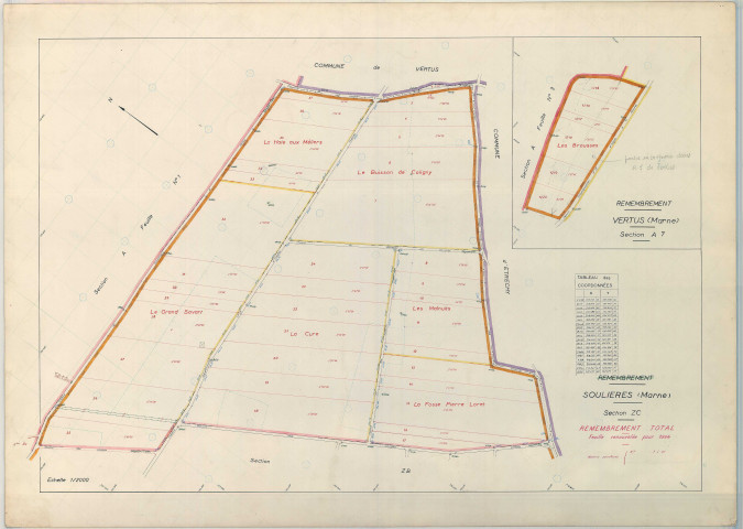 Soulières (51558). Section ZC 2 échelle 1/2000, plan remembré pour 1964 (contient section A7), plan régulier (papier armé)