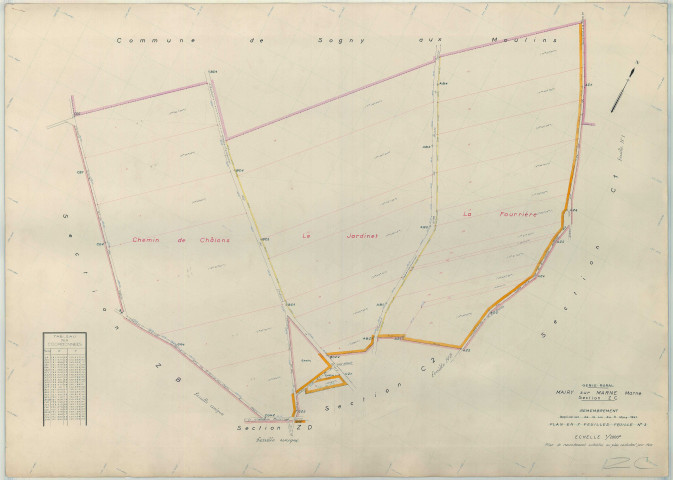 Mairy-sur-Marne (51339). Section ZC échelle 1/2000, plan remembré pour 1956, plan régulier (papier armé)