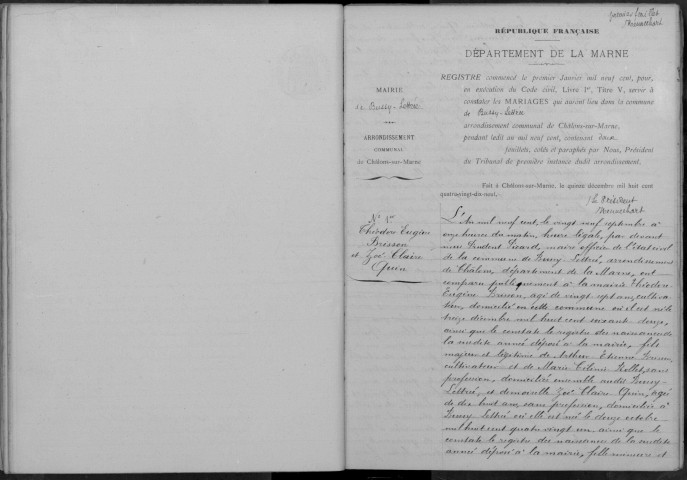 Bussy-Lettrée. Mariages 1900