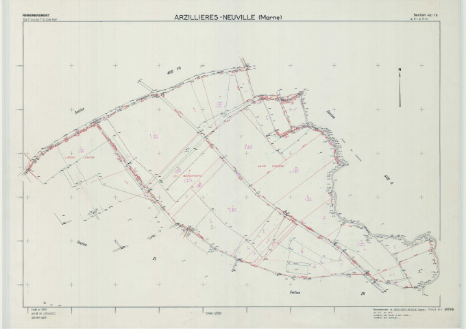 Arzillières-Neuville (51017). Section YB échelle 1/2000, plan remembré pour 1988, plan régulier (calque)