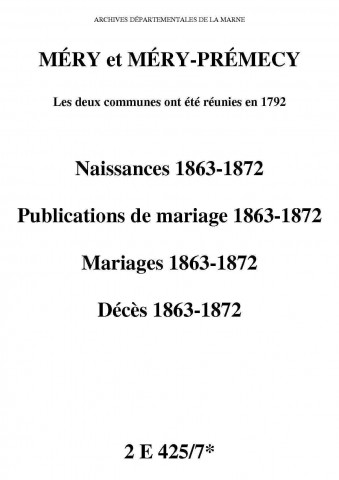 Méry-Prémecy. Naissances, publications de mariage, mariages, décès 1863-1872