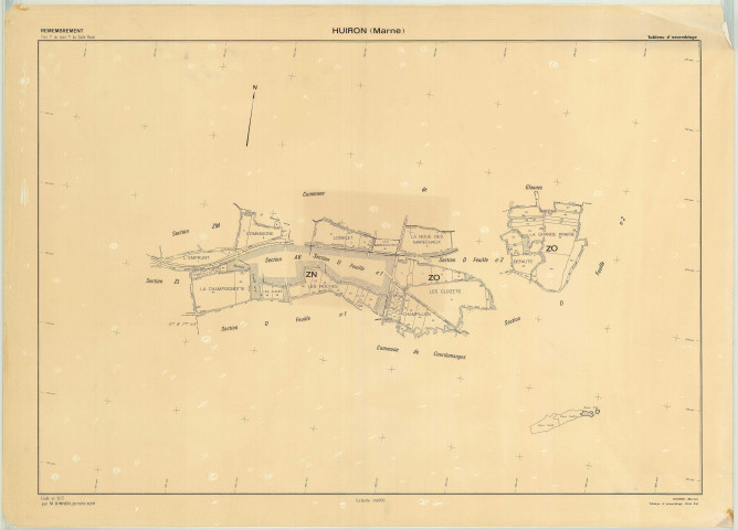 Huiron (51295). Tableau d'assemblage échelle 1/5000, plan remembré pour 1972 (zone est), plan régulier (papier)