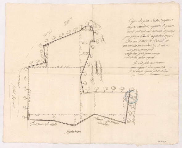 Copie du plan de la seigneurie ou pré Vendière arpentée le quatre avril 1775, située au terroir de Breuil.