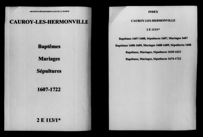 Cauroy-lès-Hermonville. Baptêmes, mariages, sépultures 1607-1722