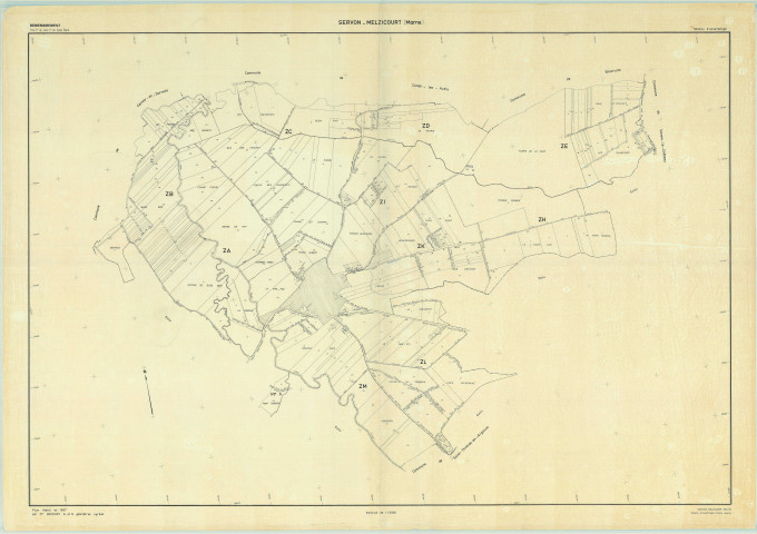 Servon-Melzicourt (51533). Tableau d'assemblage échelle 1/5000, plan remembré pour 1967, plan régulier (papier)