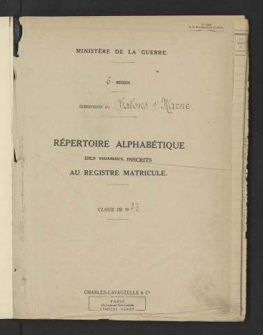 Répertoire alphabétique des registres matricules