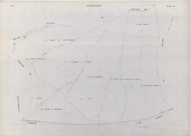 Cormicy (51171). Section AI échelle 1/2000, plan renouvelé pour 1957, ancienne commune de Gernicourt (02344), plan régulier (papier).